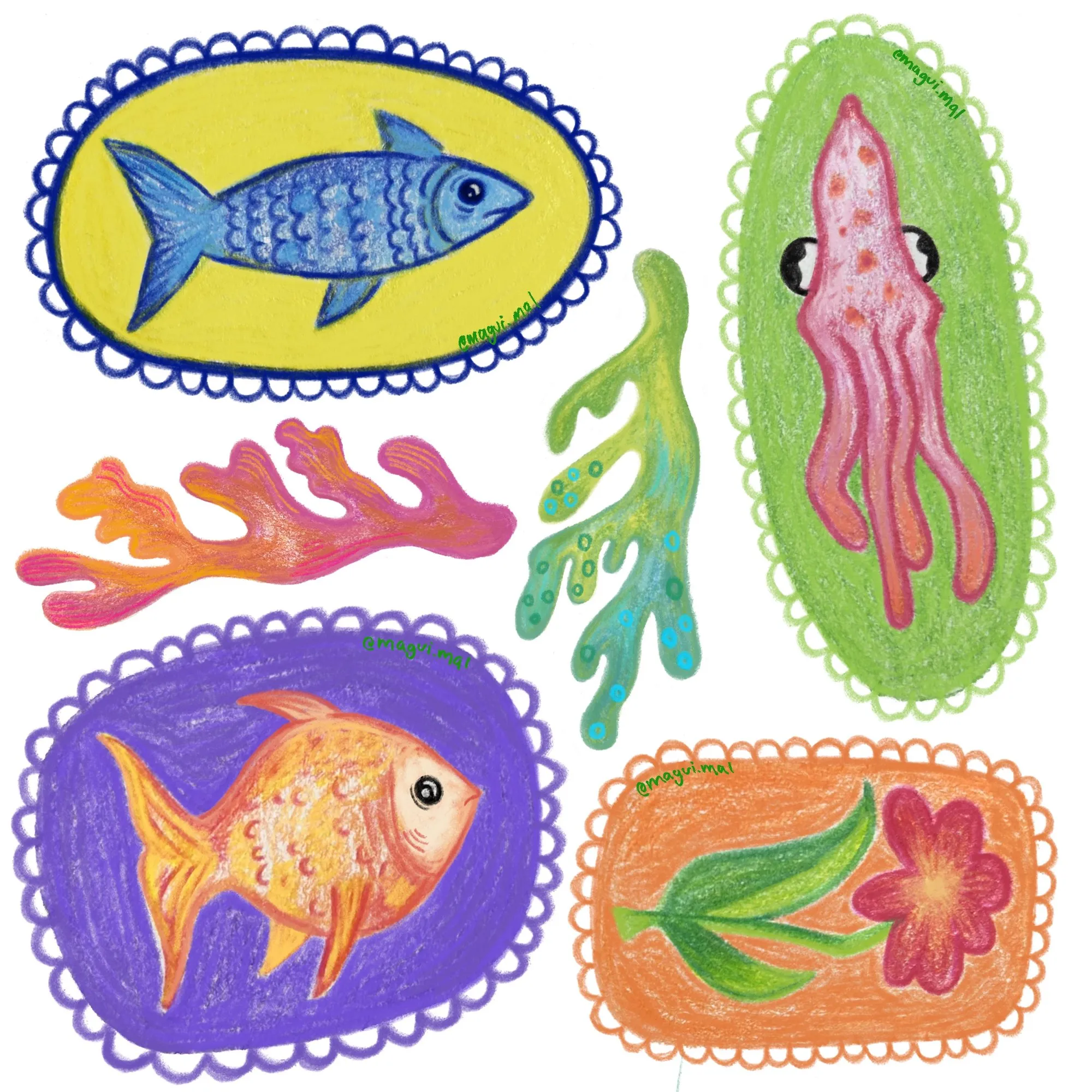 Hoja de estampas: dos peces, un calamar, una flor y algas de colores, cada uno en su marco ondulado.