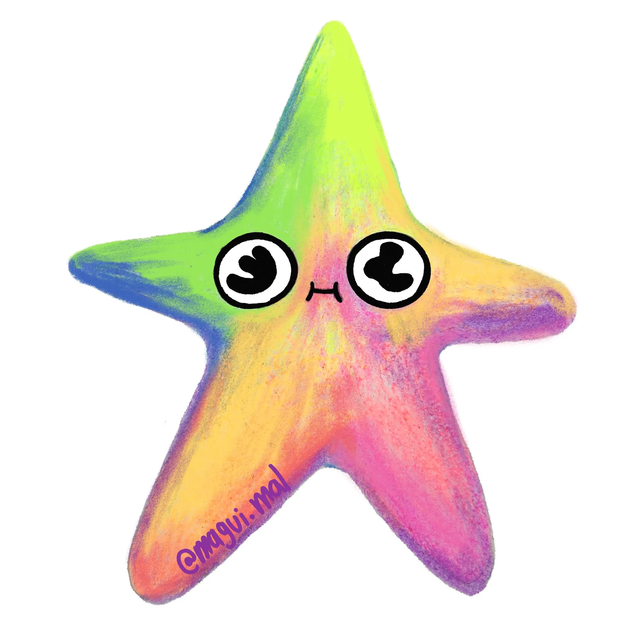 Estrella de mar arcoíris con ojos grandes y cara de sorpresa.
