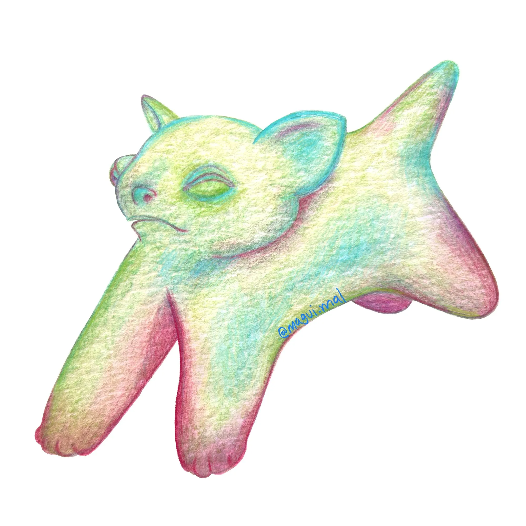 Perrito de colores pastel estirándose, con los ojos cerrados.