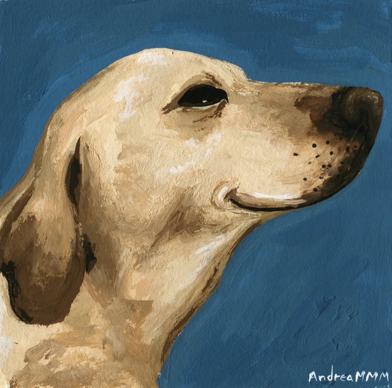 Pintura de perfil de un perro color crema sonriendo, sobre fondo azul