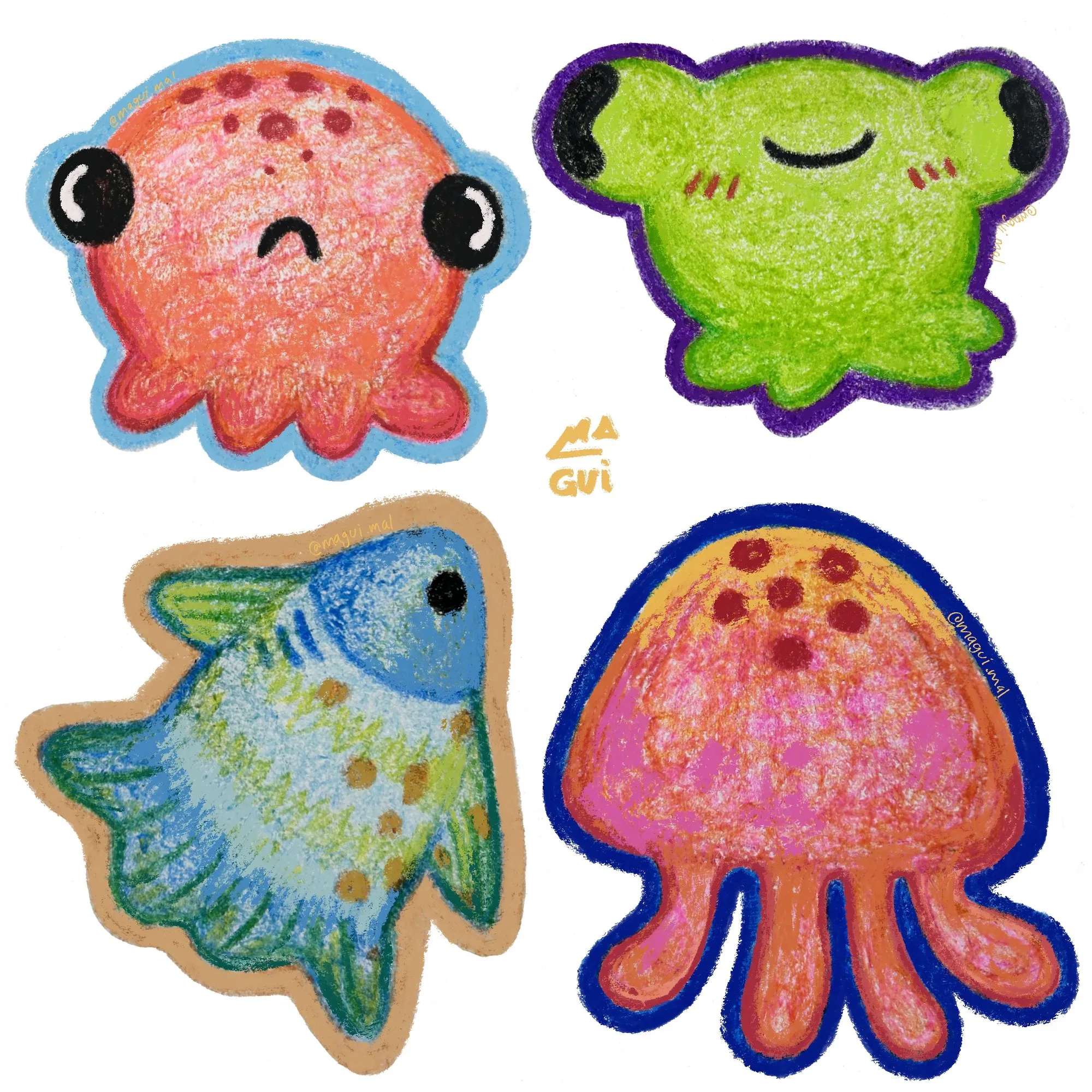 Criaturas tipo sticker: un pulpo triste, una rana verde, un pez azul y una medusa rosa.